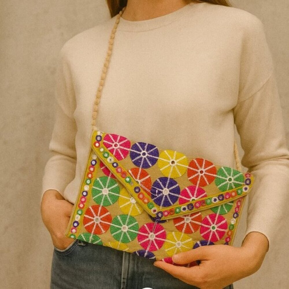 Boho Women's Colorful Embroidered Envelope Clutch Bag Small